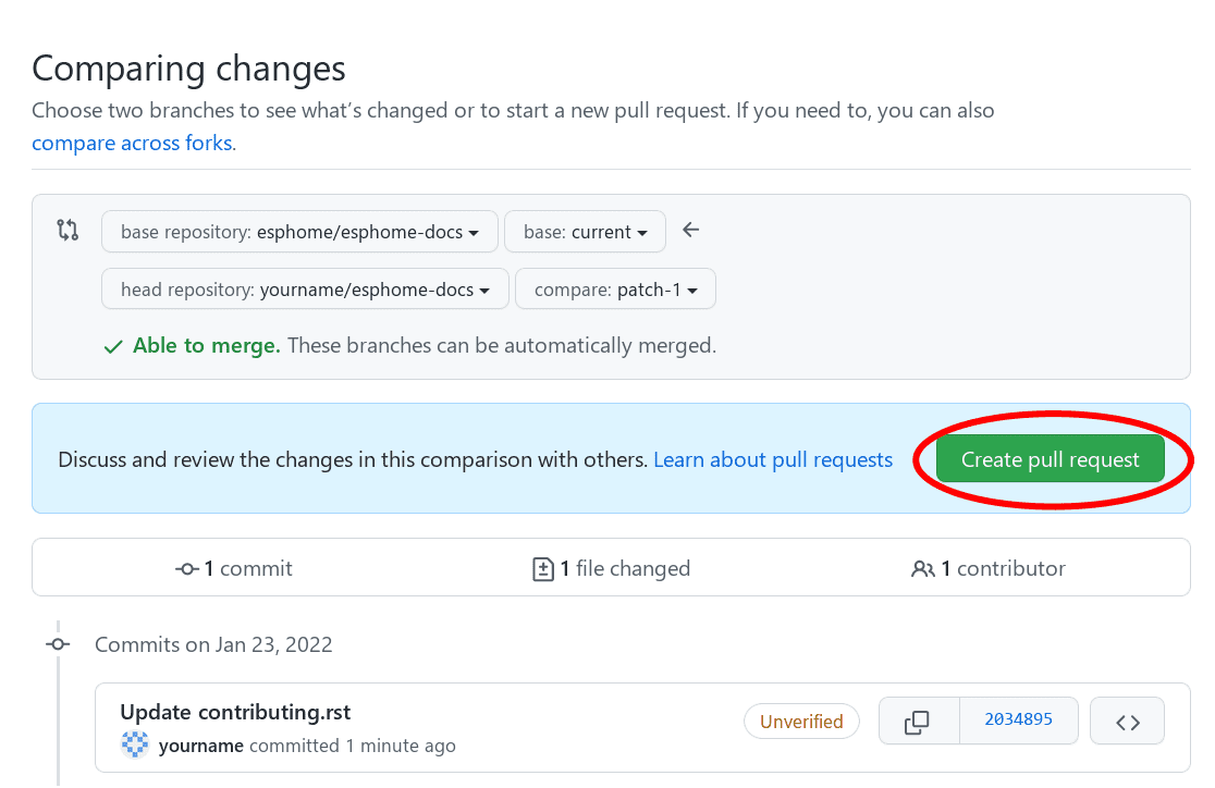 The pull request prompt screen in GitHub with the "Create pull request" button circled